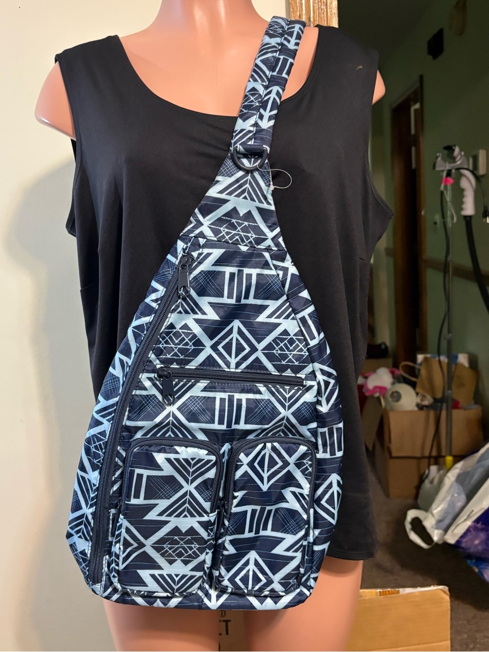 Crossbody Sling bag Geometric Blue Carbon Tribal pattern adjustable w/pockets